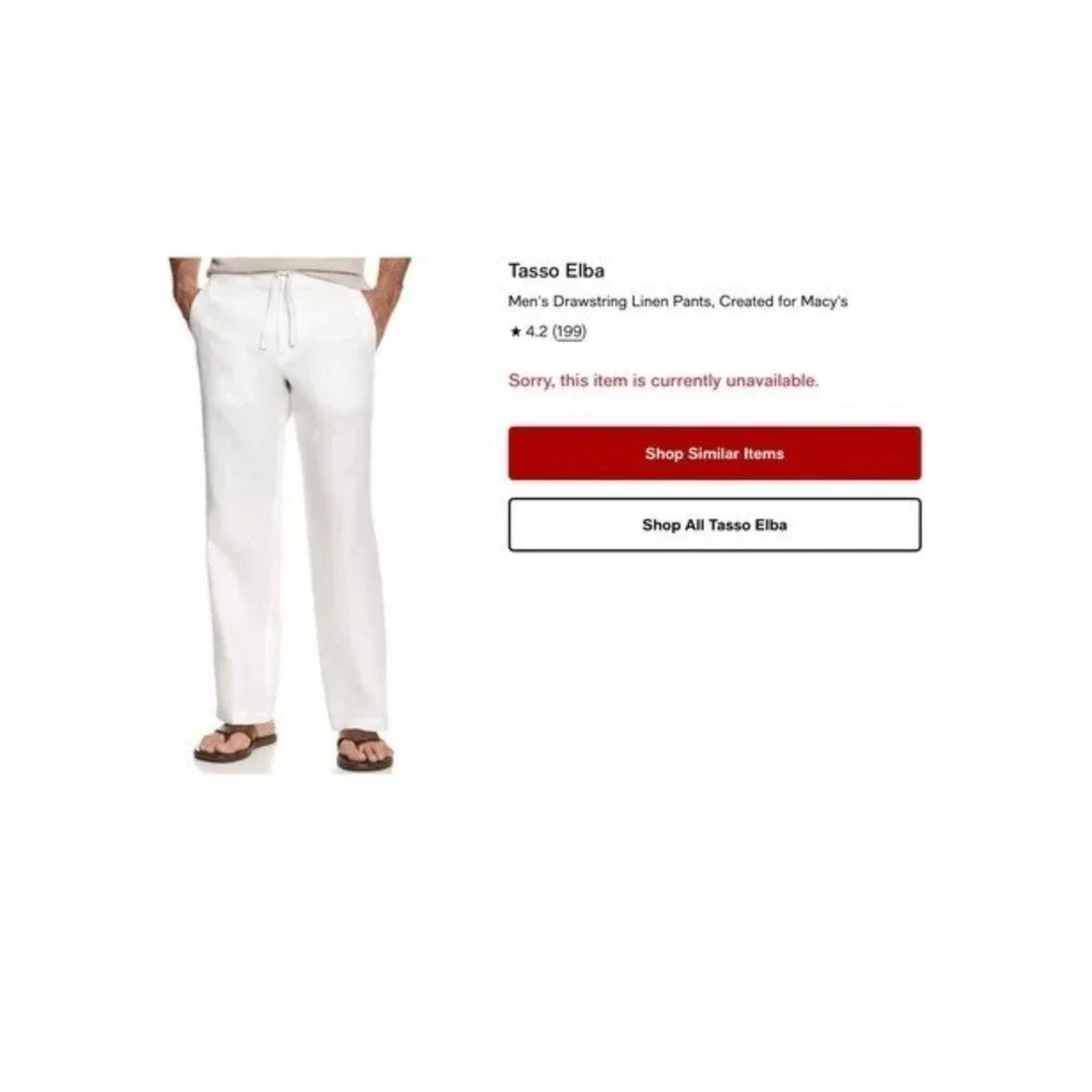 Tasso Elba Island Men Pants‎ XL White Coastal Linen Button Drawstring 39x30 NEW